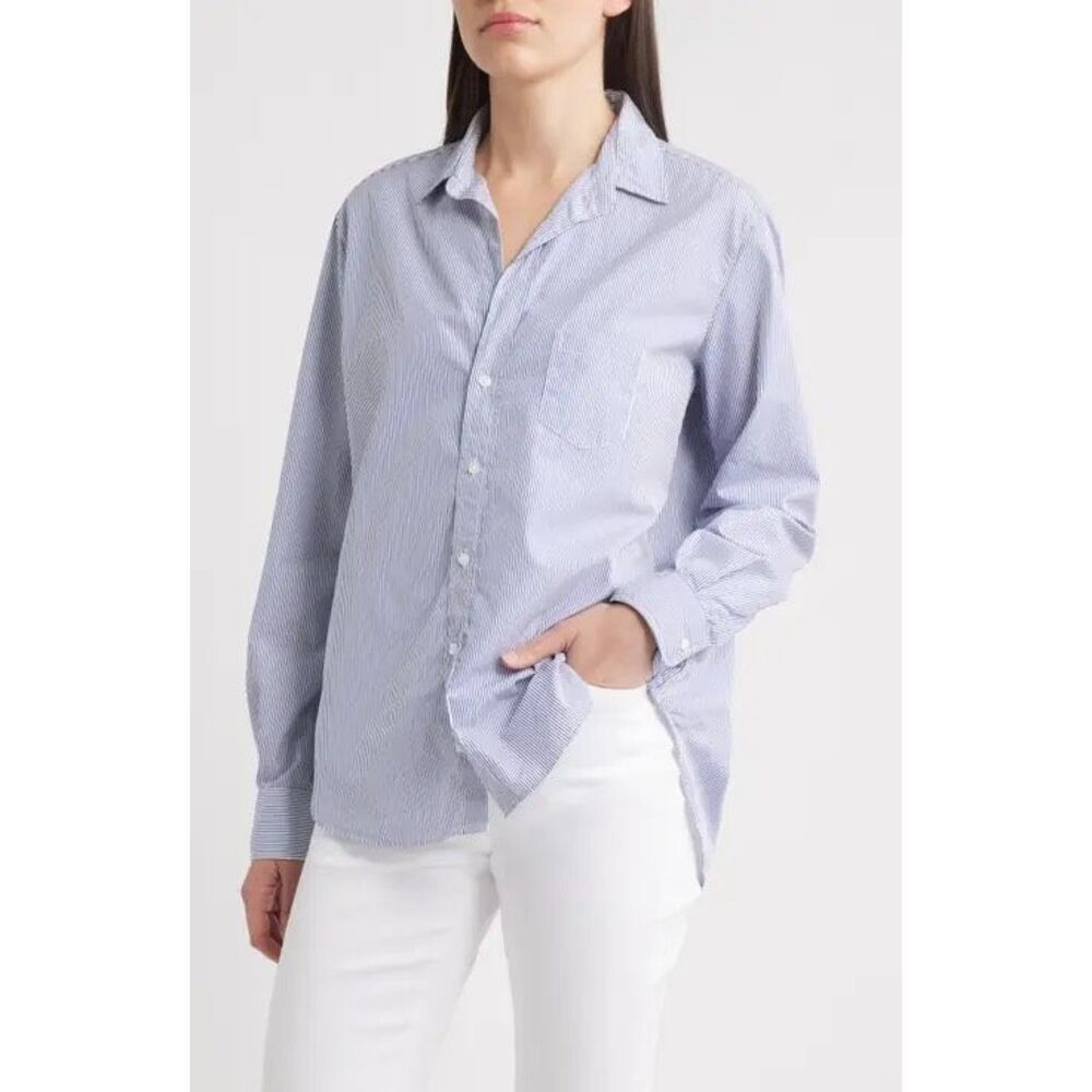 Frank & Eileen Womens Blue White Striped Relaxed Button-Up Shirt Size Large NWOT